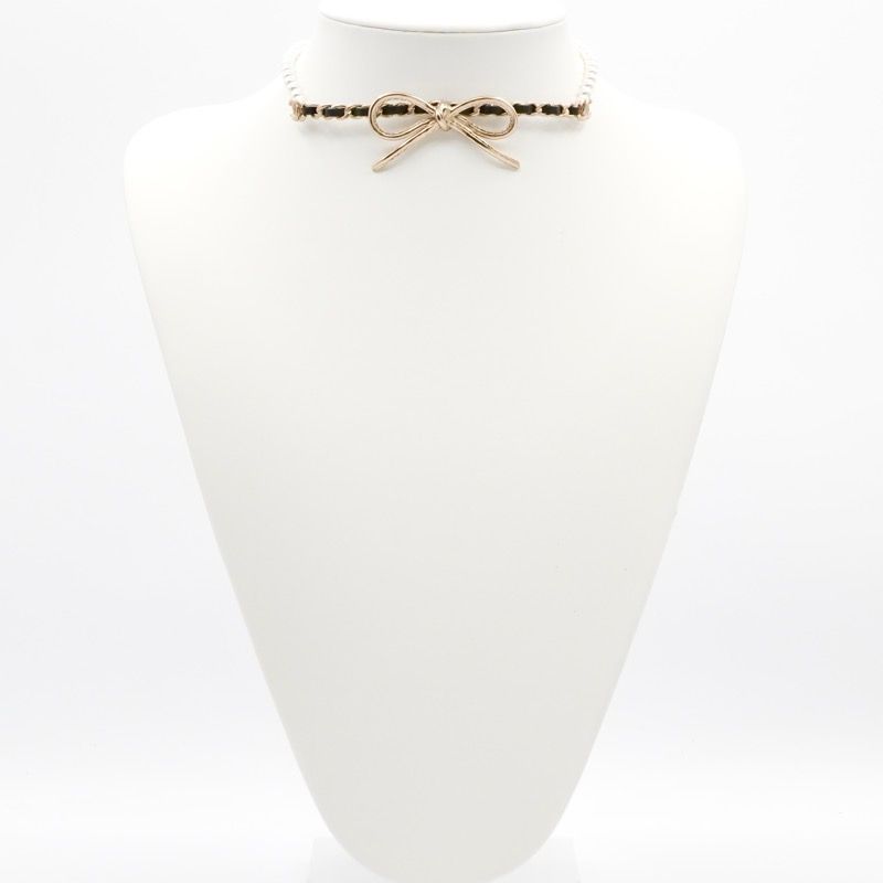 Chanel Necklace Pendant Choker Gold Coco Mark Ribbon Chain Lambskin