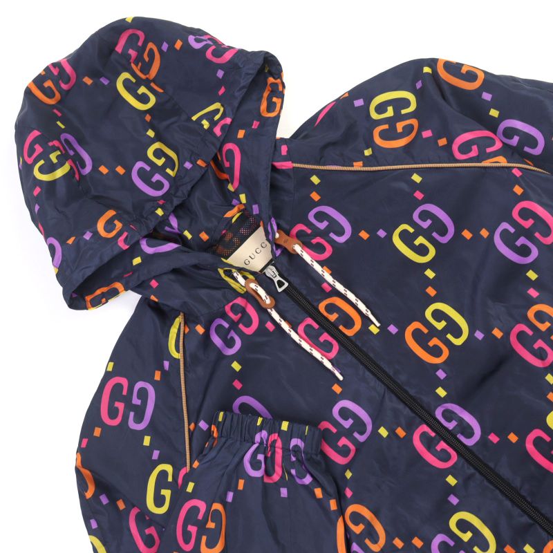 Gucci 697621 Jumbo GG Leather Part Hooded Double Zip Nylon Jacket Multicolor 48