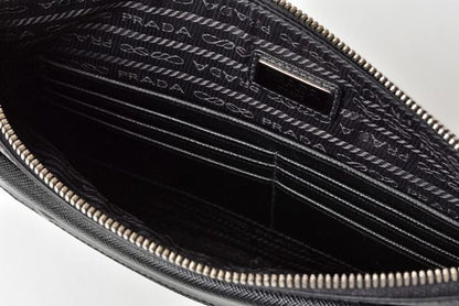 Prada Clutch Bag Travel Pouch Men's Prada Saffiano Patch Patchwork Black Azzurro