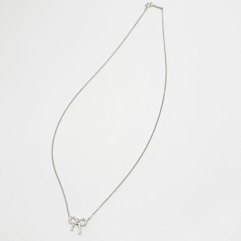 Tiffany & Co 18k Diamond Necklace Metro Bow Mini Pendant White Gold