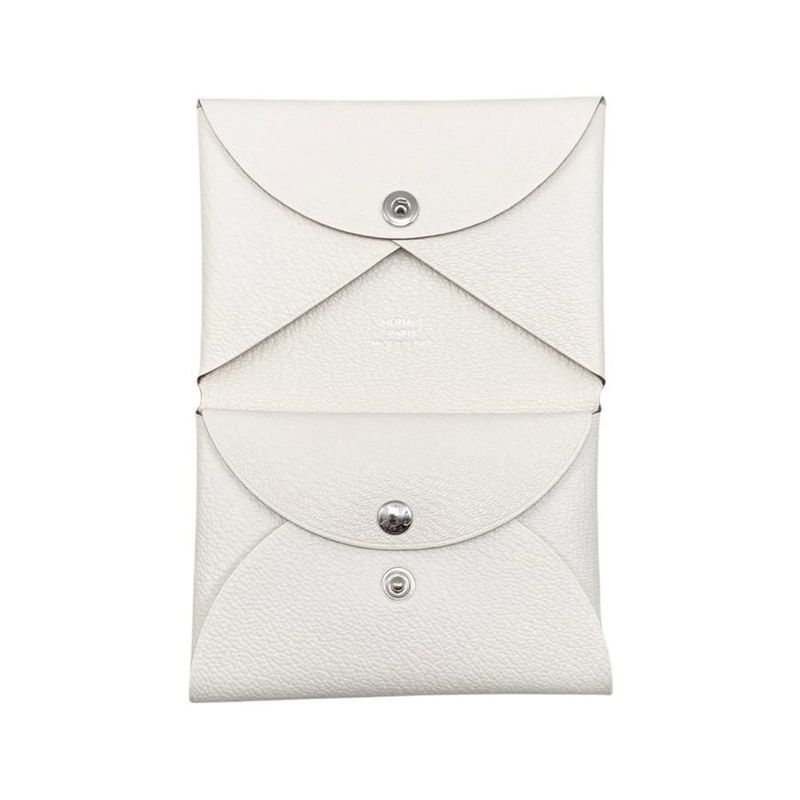 Hermes Card Case Coin Case Calvi Duo W Engraved Nata White Silver Hardware
