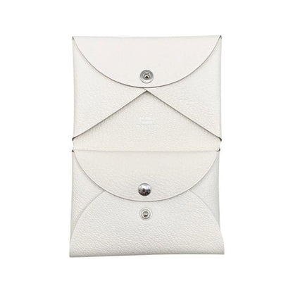 Hermes Card Case Coin Case Calvi Duo W Engraved Nata White Silver Hardware