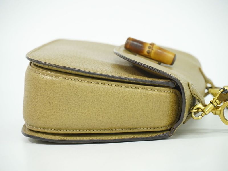 Authentic Gucci Bamboo 2WAY Shoulder Bag Handbag Pochette Leather Beige Bamboo