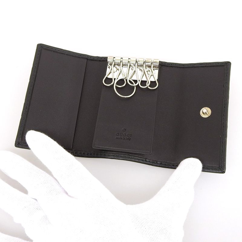 Gucci 181680 Guccissima Interlocking G 6-stack Leather Key Case Black Silver