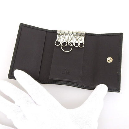 Gucci 181680 Guccissima Interlocking G 6-stack Leather Key Case Black Silver