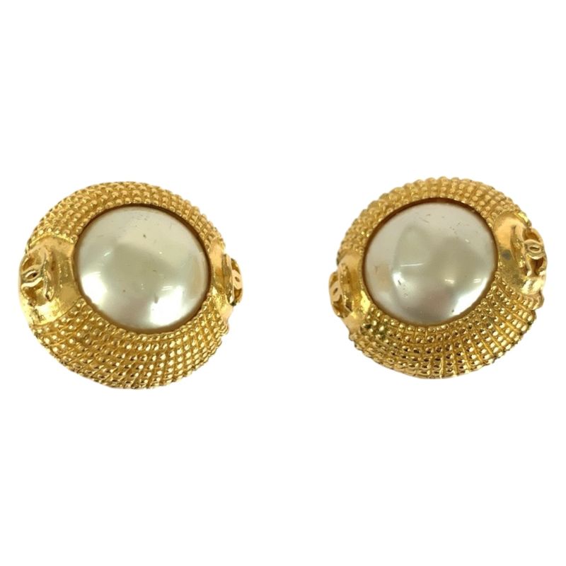 Chanel Vintage Faux Pearl Coco Mark Gold White Plated/faux Pearl Earrings