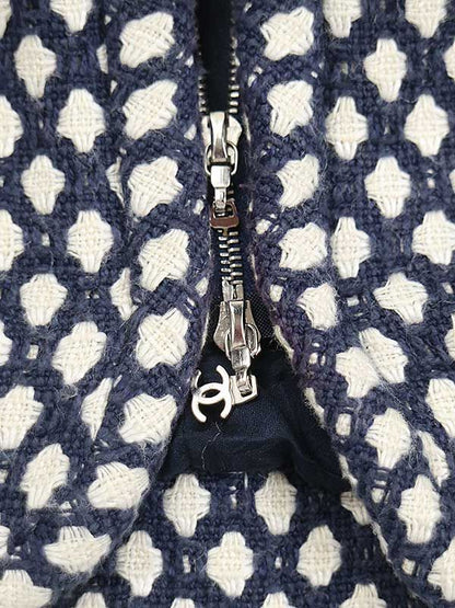 Chanel 2008 Flower Bijoux Tweed Zip Coat Navy 38