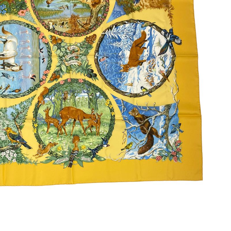 Hermes Carre 90 LES Quatre Saisons Four Seasons Brown Animal Floral Scarf Silk