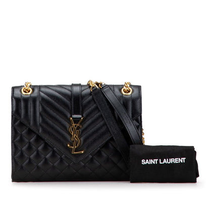 Saint Laurent Envelope Chain Shoulder Bag Handbag Black Gold Leather Women