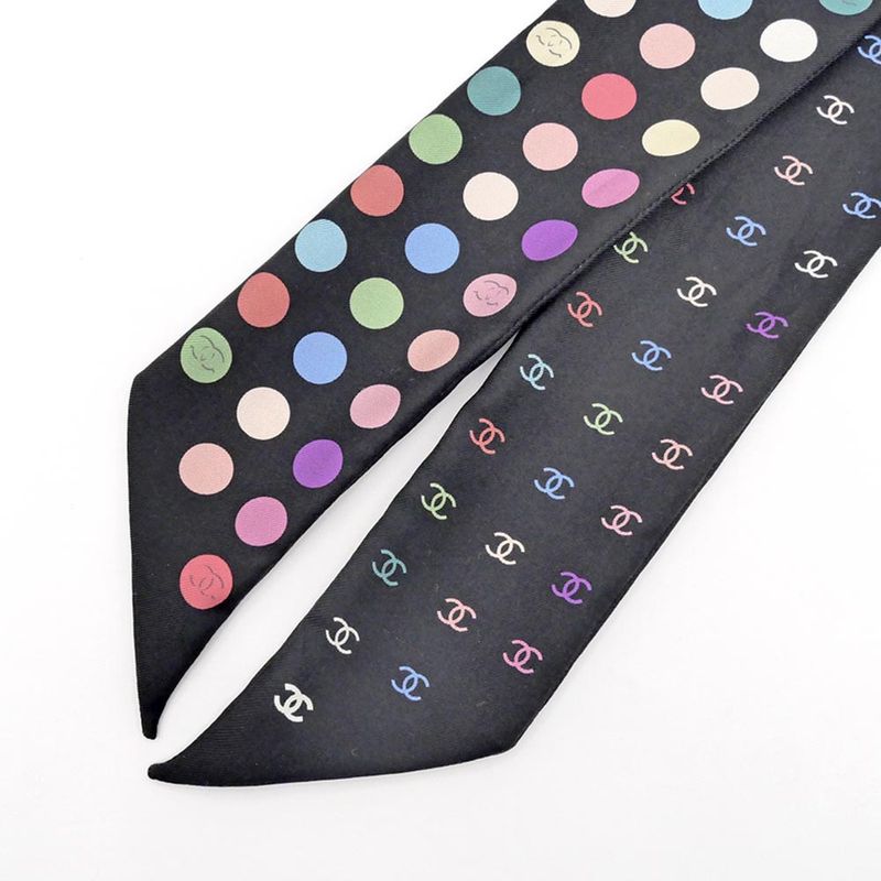 Chanel Headband Twill Black Multicolor Dot Coco Mark Silk Scarf