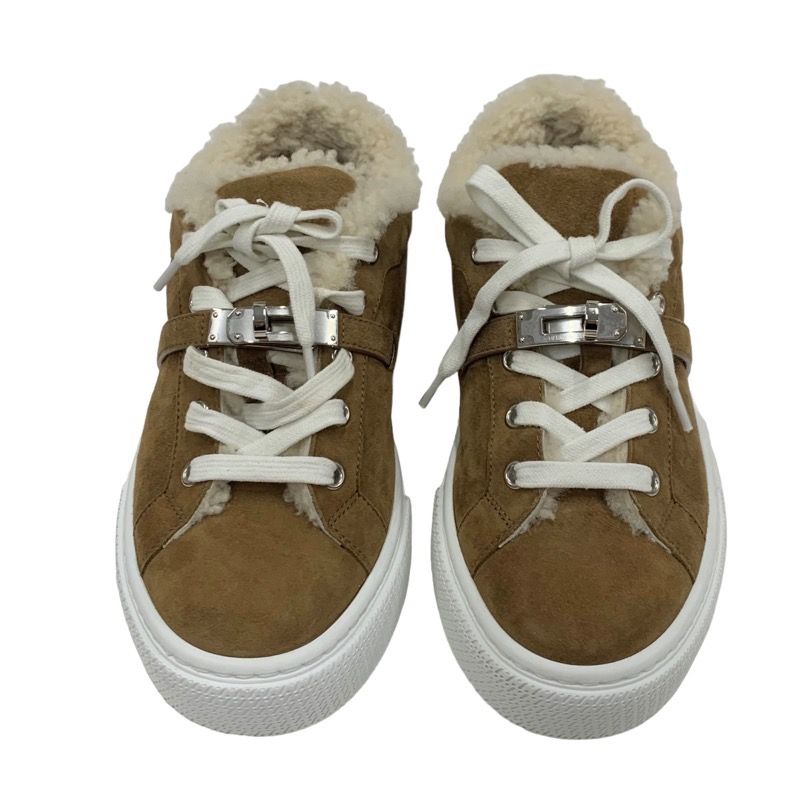 Hermes Day Sneakers Shoes Kelly Hardware Suede Mouton Boa Brown