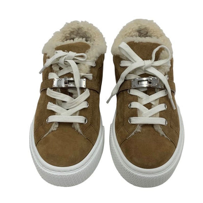 Hermes Day Sneakers Shoes Kelly Hardware Suede Mouton Boa Brown