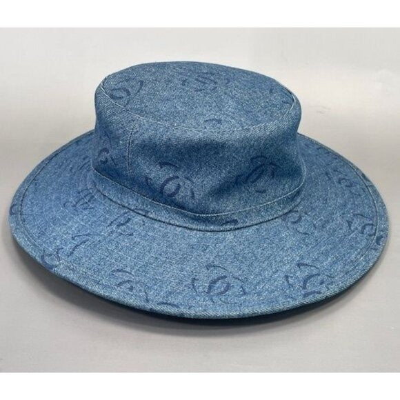 Chanel CC Denim Hat Wide Brim Bucket Cap 58 Blue Vintage
