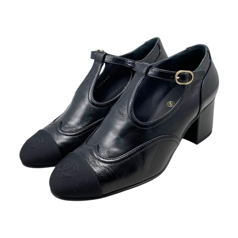 Chanel Heel Pumps Mary Jane G46443 37 1 2 Size Leather Coco Mark Black Gold