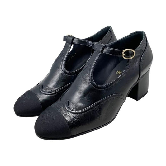 Chanel Heel Pumps Mary Jane G46443 37 1 2 Size Leather Coco Mark Black Gold