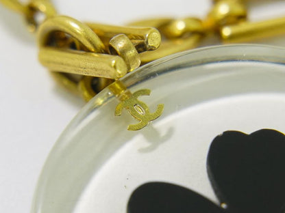 Authentic Chanel Clover Necklace Pendant Plastic GP Gold Plated Clear Black