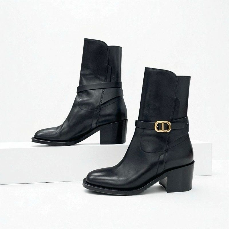 Christian Dior Empreinte Boots Short Shoes Leather Black Gold Belt Logo