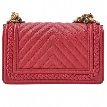 Chanel Boy Chanel V-stitched Chain Shoulder Caviar Skin Red (gold Hardware)