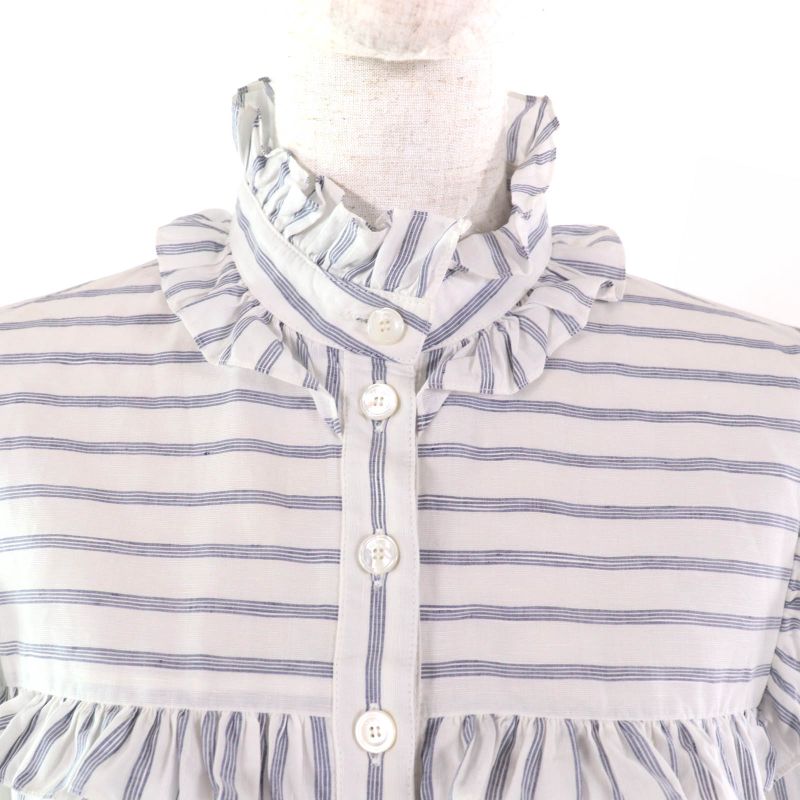 Celine 2r658077i Linen Blend Mini Prairie Stripe Ruffle Dress Shirt Dress White