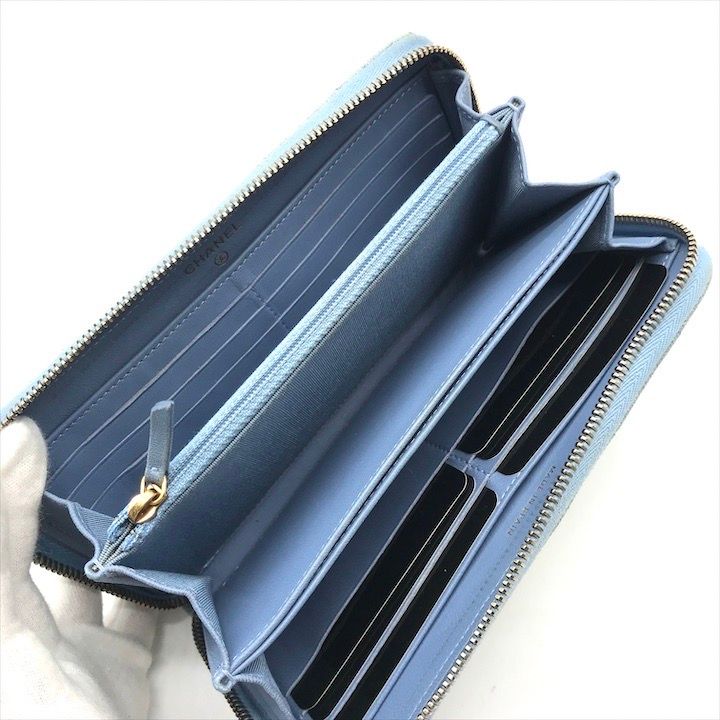 Chanel CC Logo Quilted Denim Zip Around Wallet Blue