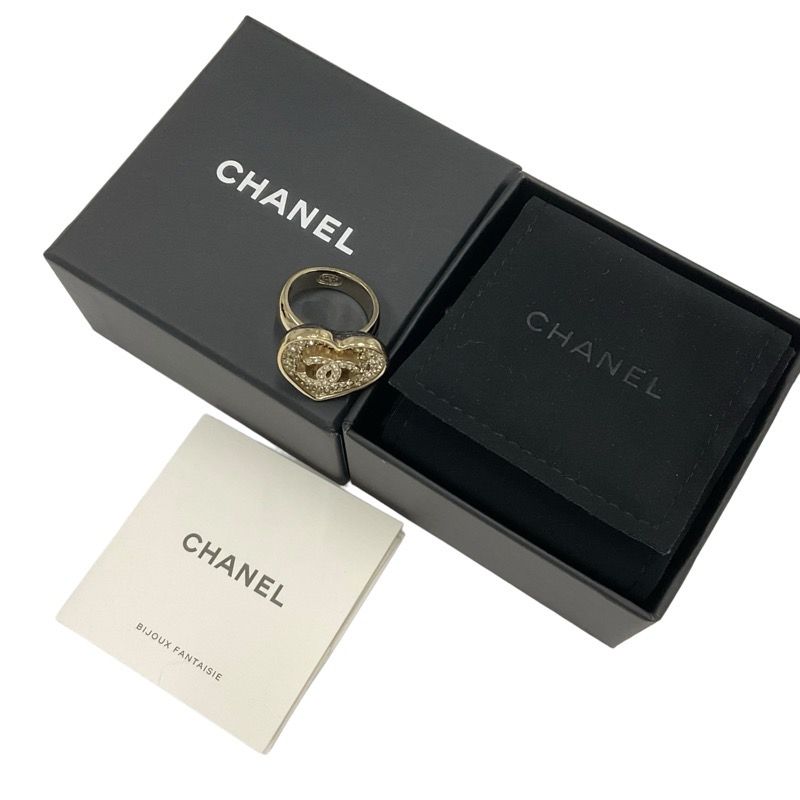 Chanel Ring Gold Black Coco Mark Heart Rhinestone