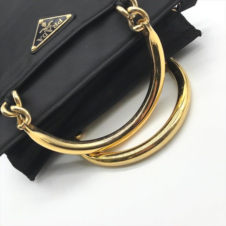 Prada Triangle Logo Nylon Tessuto Metal Handle Hand Bag Black Gold
