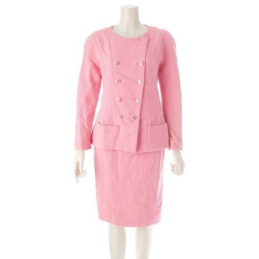 Chanel Vintage Wool Vintage Collarless Jacket Skirt Setup Suit Pink