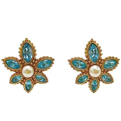 Christian DIOR Earrings Metal Faux Pearl Colored Stone Flower Gold