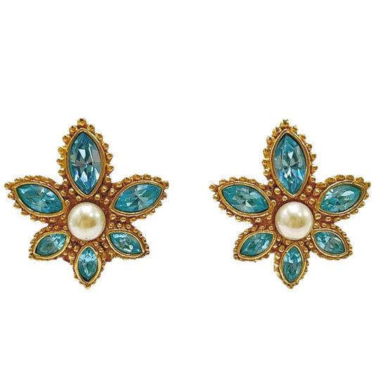 Christian DIOR Earrings Metal Faux Pearl Colored Stone Flower Gold