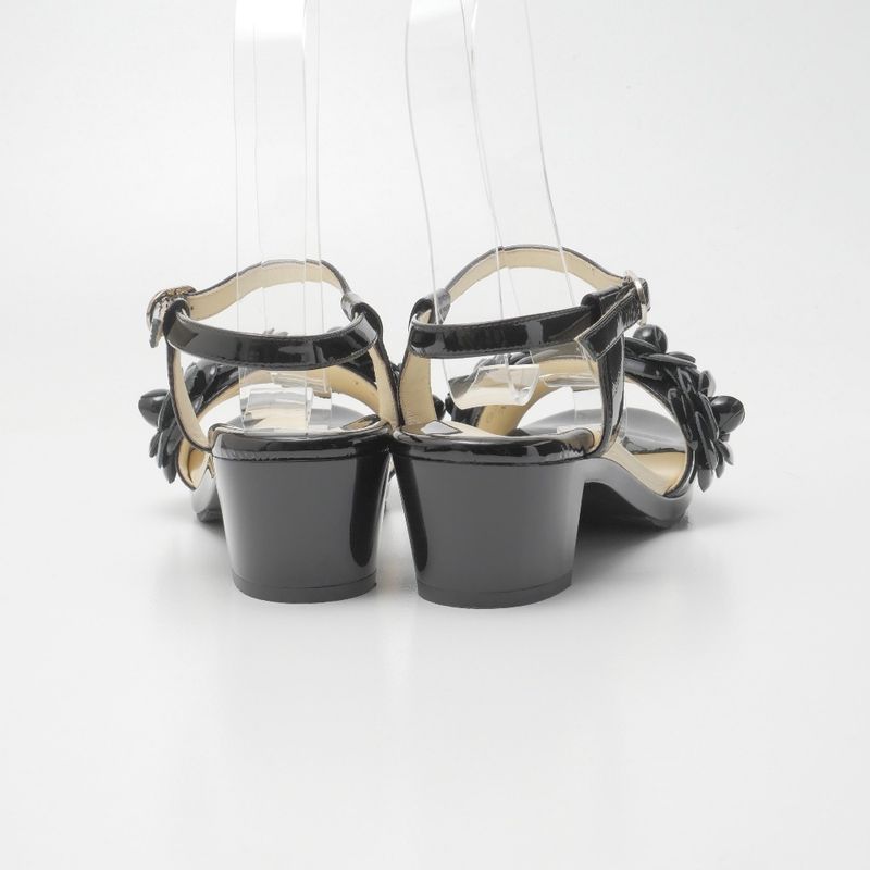 Chanel Sandals Size 35 Camellia CC Logo Coco Mark Patent Enamel Leather Ankle
