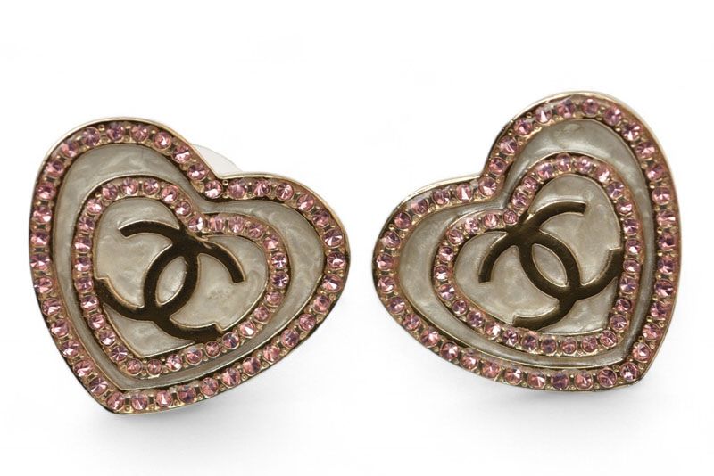 Chanel Earrings Chanel Accessories CC Heart Motif Rhinestone Rose Gold B24
