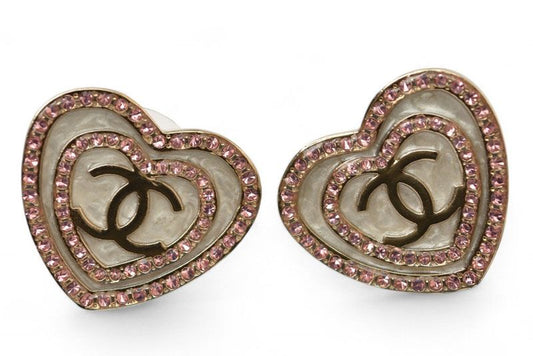 Chanel Earrings Chanel Accessories CC Heart Motif Rhinestone Rose Gold B24