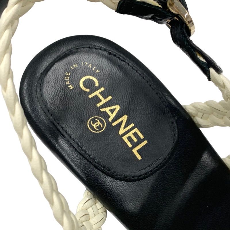 Chanel Sandals Shoes Lambskin White Black Coco Mark Braided Wedge Sole
