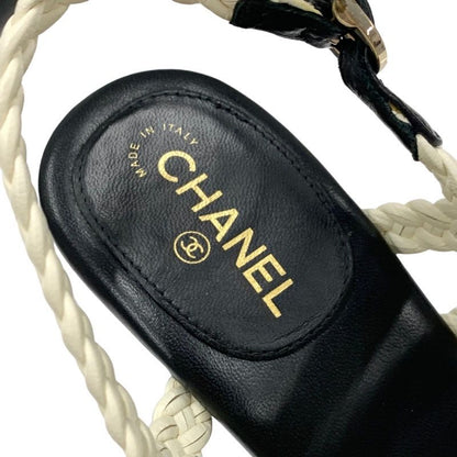Chanel Sandals Shoes Lambskin White Black Coco Mark Braided Wedge Sole