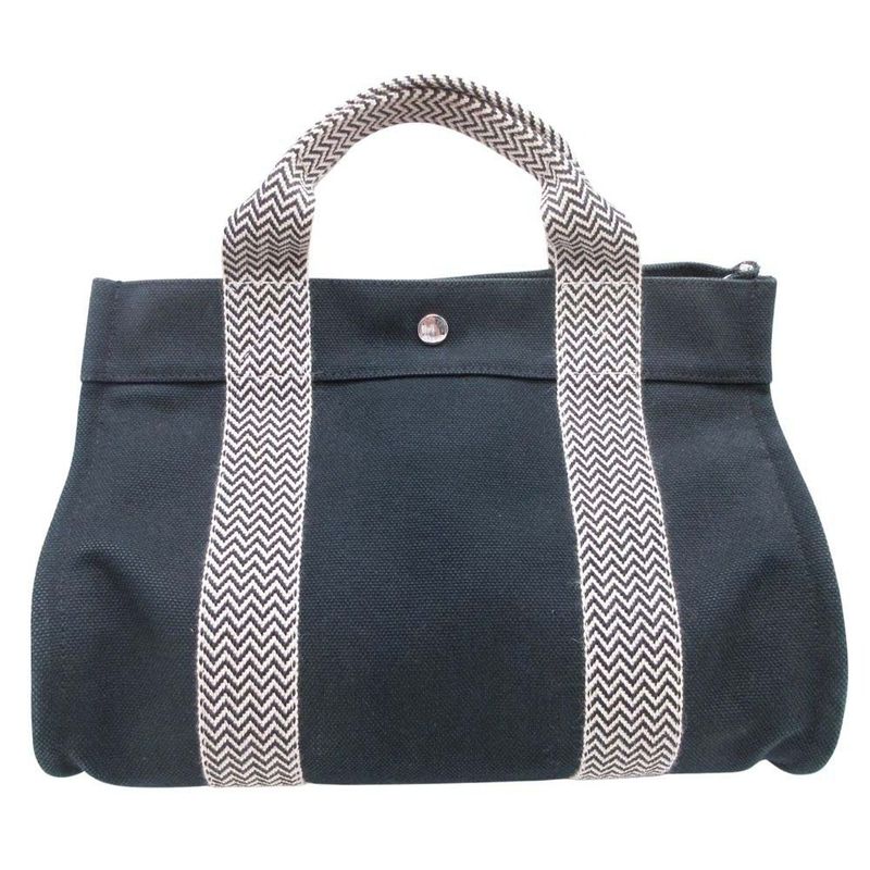 Good Hermes Cannes PM Handbag Tote Canvas Herringbone with Pouch Black Ivory