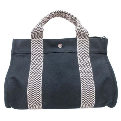 Good Hermes Cannes PM Handbag Tote Canvas Herringbone with Pouch Black Ivory