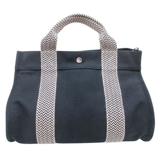 Good Hermes Cannes PM Handbag Tote Canvas Herringbone with Pouch Black Ivory