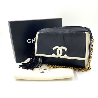 Chanel Coco Mark Serial No 2 Leather Black And White Chain Shoulder Bag Gold