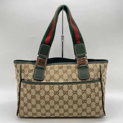 Gucci 145810 Tote Bag Sherry Line GG Canvas Leather Beige Ladies Men Vintage