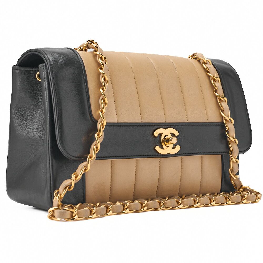Chanel Shoulder Bag Mademoiselle Lambskin Beige And Black Gold Hardware Full