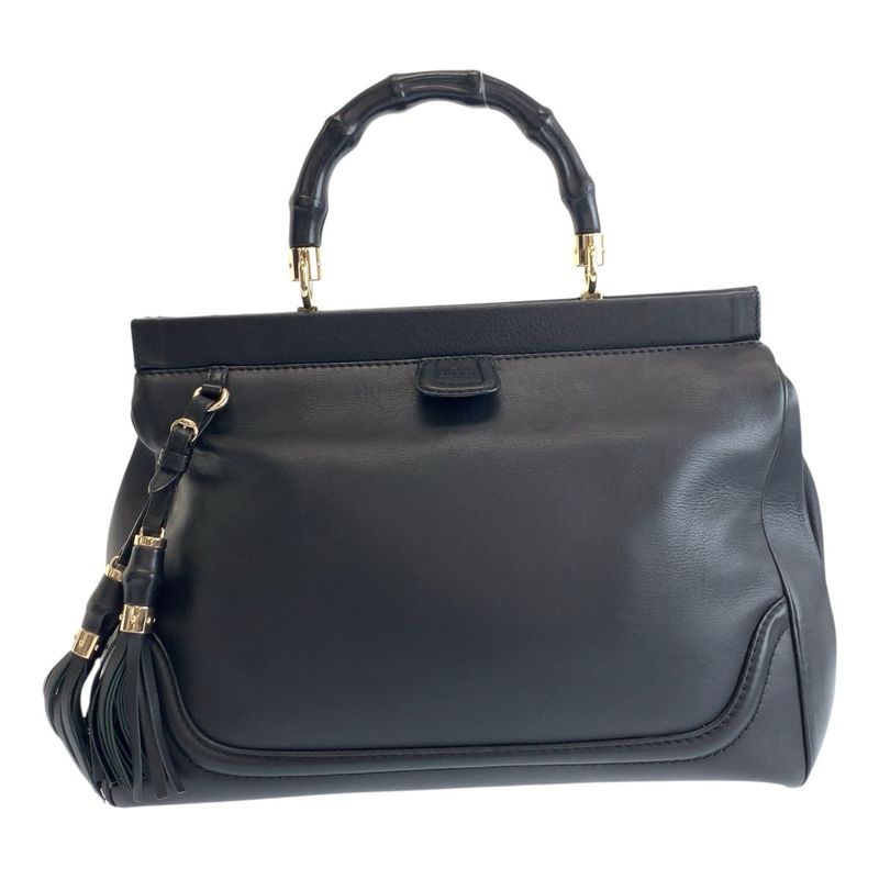 Gucci Bamboo Black Gold Hardware Leather 296860 Handbag Women 504398