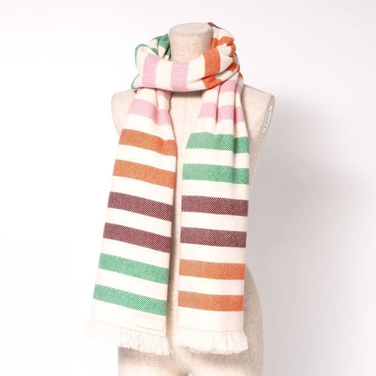 Hermes Shawl Large Shawl Scarf All Cashmere Leather Fringe Striped Ivory