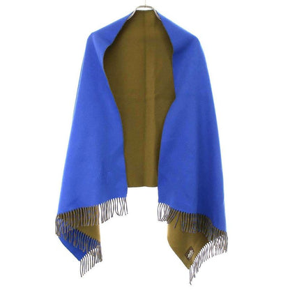 Hermes Logo Embroidery Bicolor Cashmere Fringe Scarf Blue Brown