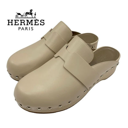 Hermes Karya Sandals Shoes Leather Wood Beige Studded Mules Sabot