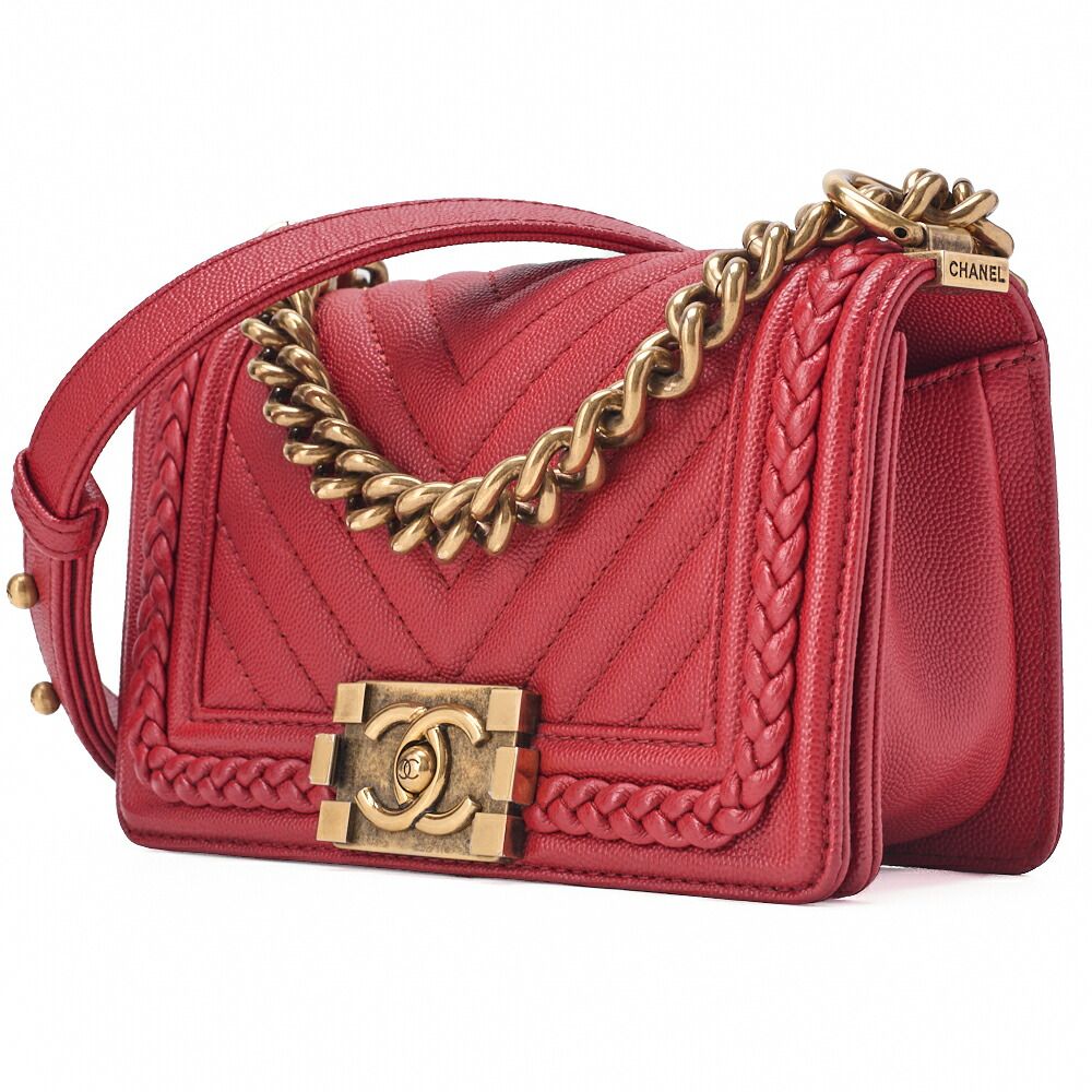 Chanel Boy Chanel V-stitched Chain Shoulder Caviar Skin Red (gold Hardware)