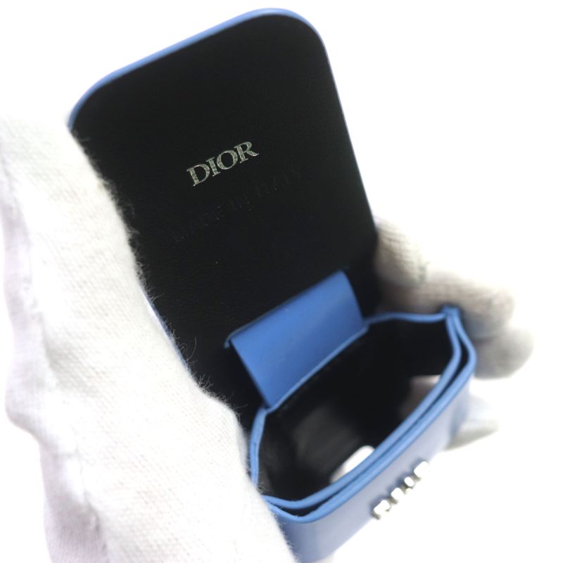 DIOR Om Leather Earphone Case With Logo Hardware Airpods Light Blue Silver