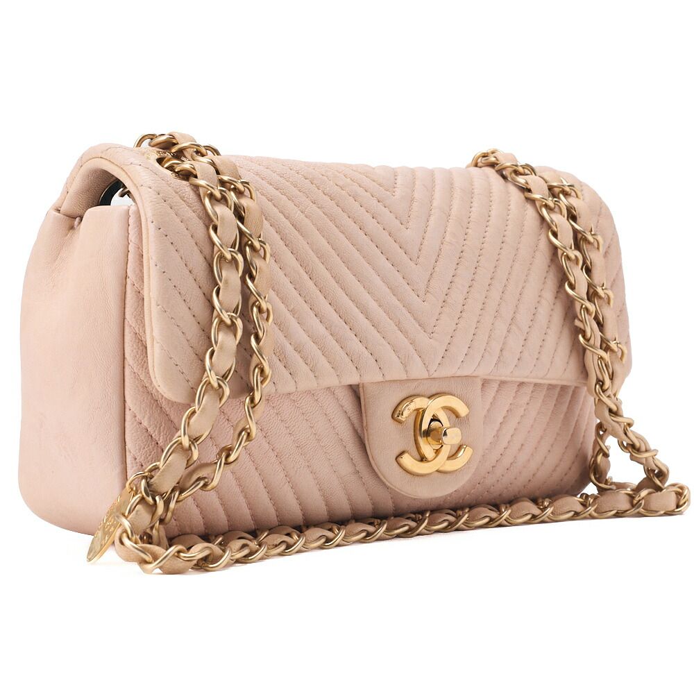 Chanel Shoulder Bag Calfskin V-stitched Beige Turnlock Single Flap With Gold