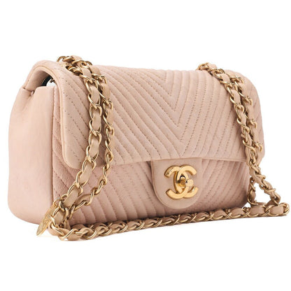 Chanel Shoulder Bag Calfskin V-stitched Beige Turnlock Single Flap With Gold