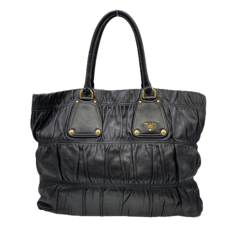 Prada Tote Handbag Gather Leather Black Vintage Ladies Men Fashion Gift