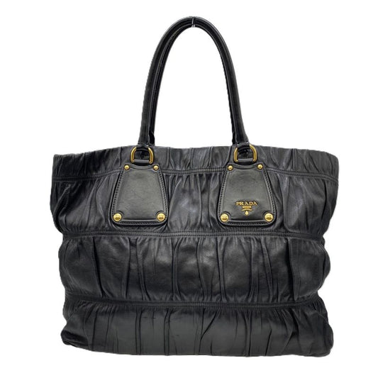 Prada Tote Handbag Gather Leather Black Vintage Ladies Men Fashion Gift